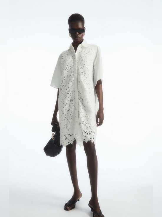 COS Dresses & Skirts - COS Broderie Anglaise White Lace Short Sleeve Shirt Dress Size 10